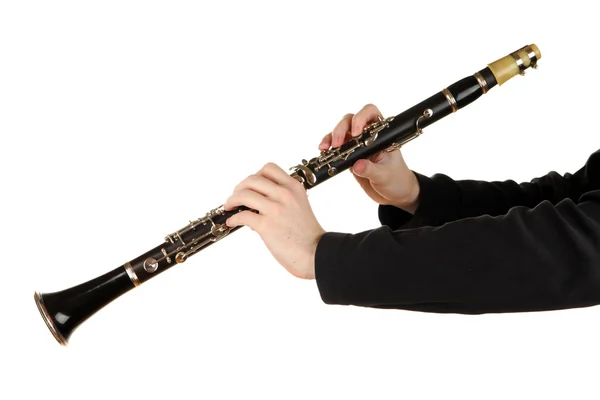 Musicista che suona su clarinetto isolato su bianco — Foto Stock