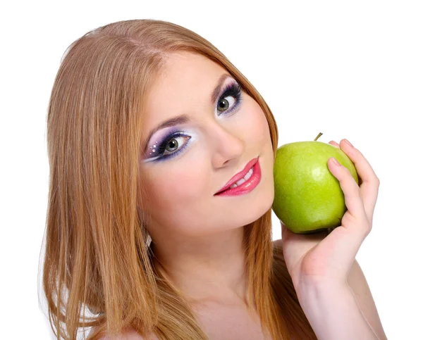 Belle jeune femme au maquillage glamour et pomme, isolée sur blanc — Photo