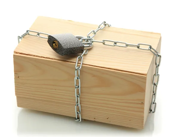 Parcel with chain and padlock, isolated on white — Stock Photo, Image