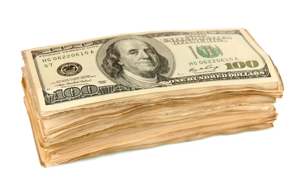 Stapel von Hundert-Dollar-Scheinen in Großaufnahme isoliert auf weißem Papier — Stockfoto