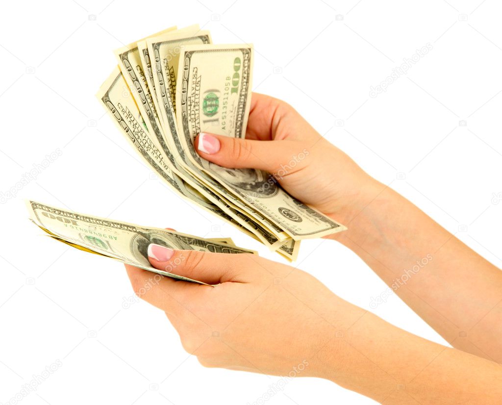 Woman recounts dollars, close up, isolated on white