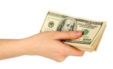 100 dolarlık banknotlar el yakın çekim yığını üzerinde beyaz izole