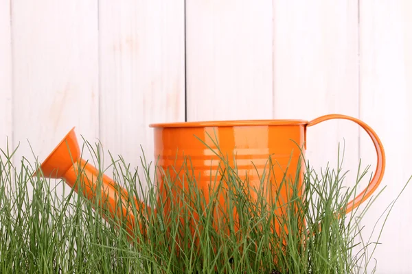 Green grass and watering can on wooden background — Stock Photo, Image