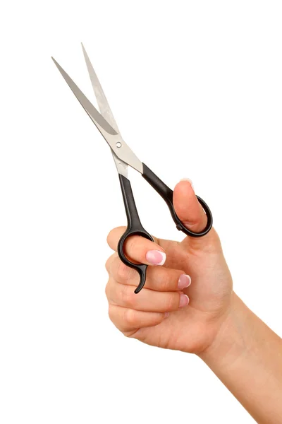 Female hand with scissors isolated on white — Stock Photo, Image