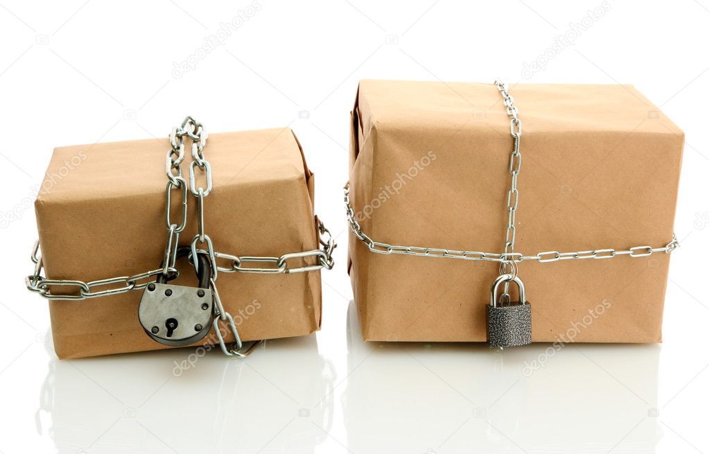 parcels with chains, isolated on white