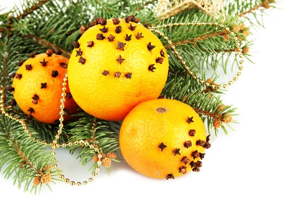 Christmas composition with oranges and fir tree, isolated on white — Stock Photo, Image