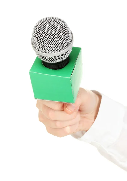 Female hand with microphone isolated on white — Stock Photo, Image