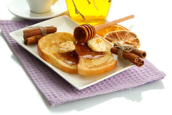 Torrada de pão branco com mel e xícara de café, isolada em branco — Fotografia de Stock