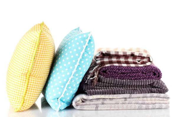 Plaids and color pillows, isolated on white — Stock Photo, Image