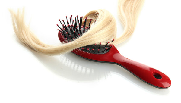 comb brush with hair, isolated on white