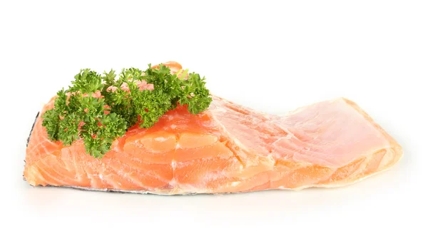 Filete de salmón fresco con perejil, aislado sobre blanco — Foto de Stock