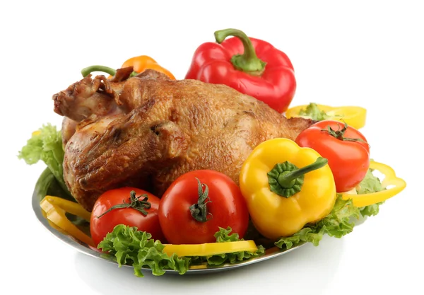 Tasty whole roasted chicken on plate with vegetables, isolated on white — Stock Photo, Image