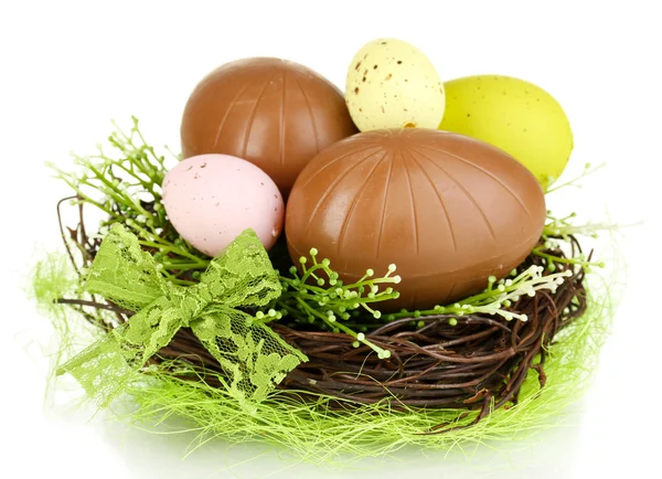 Composition of Easter and chocolate eggs in nest isolated on white — Stock Photo, Image