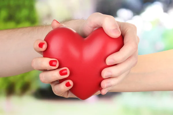 在女人和男人的手里，在绿色背景上红色的心 — 图库照片