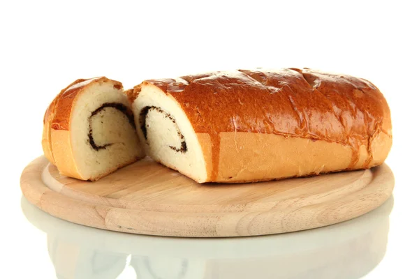 Loaf with poppy seeds on cutting board, isolated on white — Stock Photo, Image