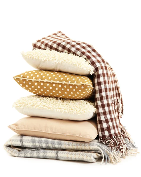 Hill colorful pillows and plaids isolated on white — Stock Photo, Image