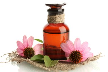 medicine bottle with purple echinacea , isolated on white clipart