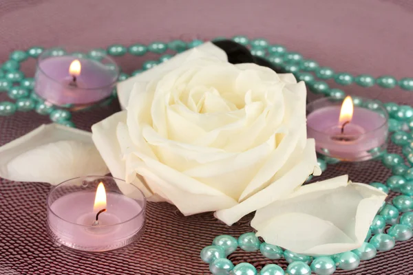 Piedras de spa con flores y velas en agua en el plato — Foto de Stock