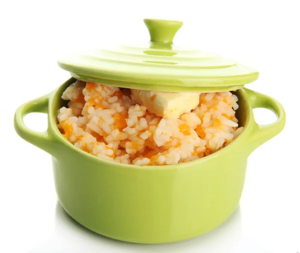Pruebe la papilla de arroz con calabaza en cacerola, aislada en blanco —  Fotos de Stock