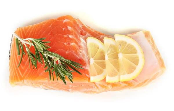 Fresh salmon fillet with herbals and lemon slices, isolated on white — Stock Photo, Image