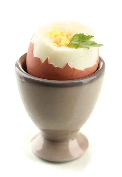 Boiled egg in egg cup, isolated on white — Stock Photo, Image