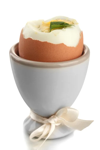 Boiled egg in egg cup, isolated on white — Stock Photo, Image