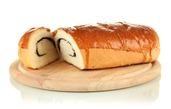 Loaf with poppy seeds on cutting board, isolated on white — Stock Photo, Image