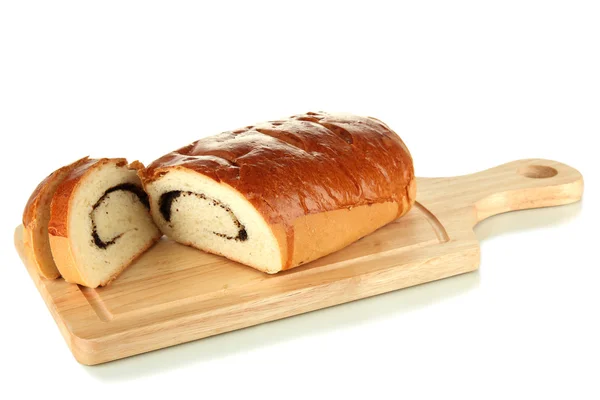 Loaf with poppy seeds on cutting board, isolated on white — Stock Photo, Image