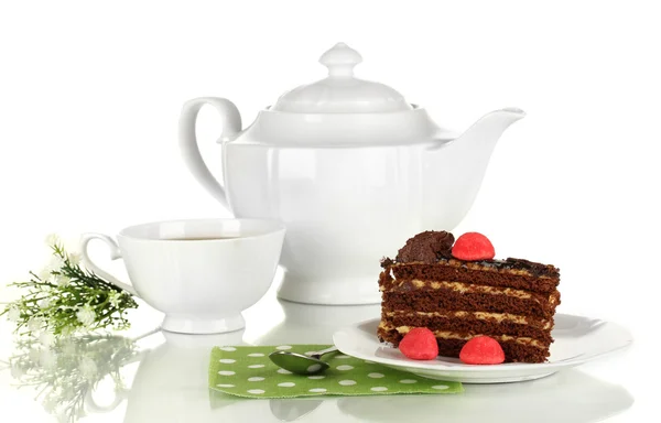 ティーポット、紅茶やおいしいケーキを白で隔離されます。 — ストック写真