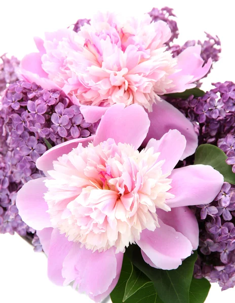 Beautiful lilac and peonies flowers in metal bucket isolated on white — ストック写真