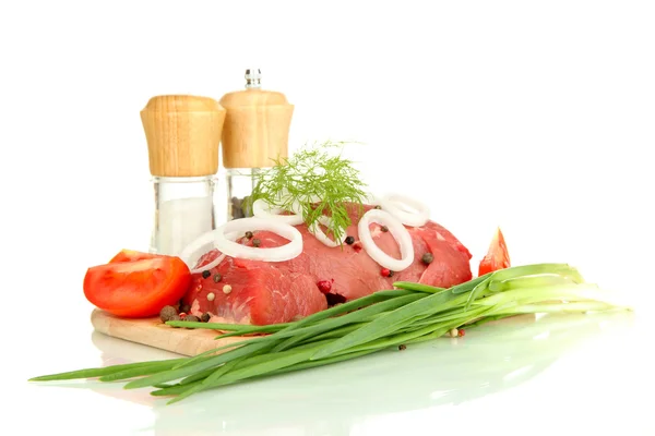 Raw beef meat marinated with herbs and spices isolated on white — Stock Photo, Image