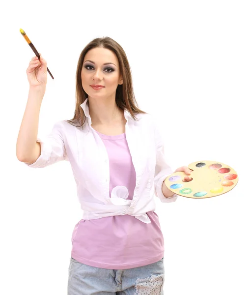 Piękna młoda kobieta malarz z pędzlami i palety, na białym tle — Zdjęcie stockowe