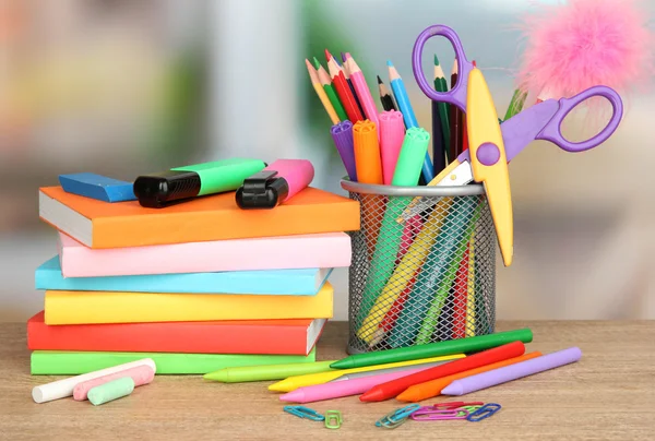 School supplies on wooden table — Stock Photo, Image