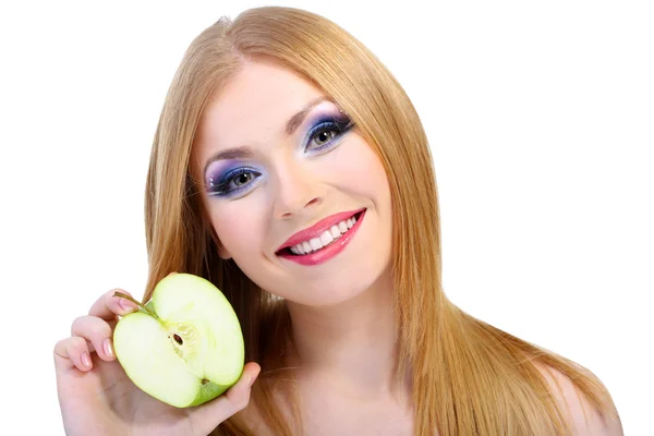 Belle jeune femme au maquillage glamour et pomme, isolée sur blanc — Photo