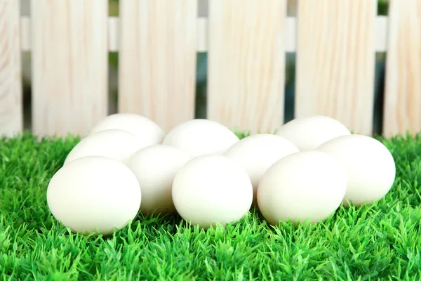 Viele Eier auf Gras auf hellem Hintergrund — Stockfoto