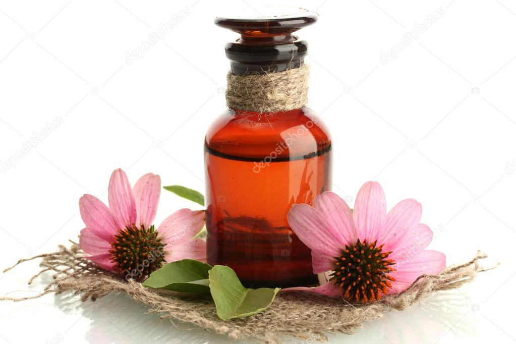 medicine bottle with purple echinacea , isolated on white