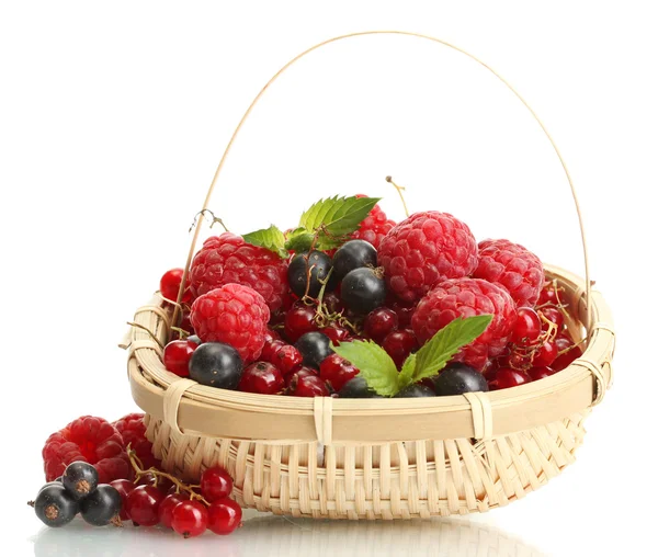 Ripe berries with mint in basket isolated on white — Stock Photo, Image