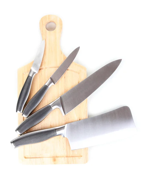 Set of knives on cutting board isolated on white — Stock Photo, Image