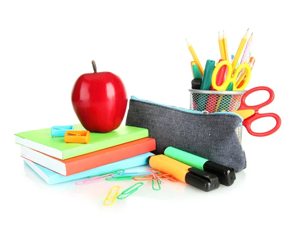 Pencil box with school equipment and apple isolated on white — Stock Photo, Image