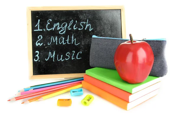 Pencil box with school equipment and timetable isolated on white — Stock Photo, Image