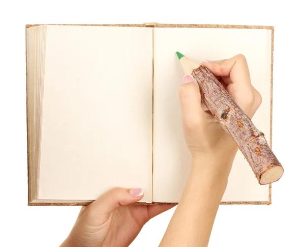 ノートブック、白で隔離される手の書き込み — ストック写真