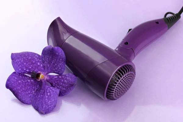 Secador de cabelo e flor no fundo roxo — Fotografia de Stock