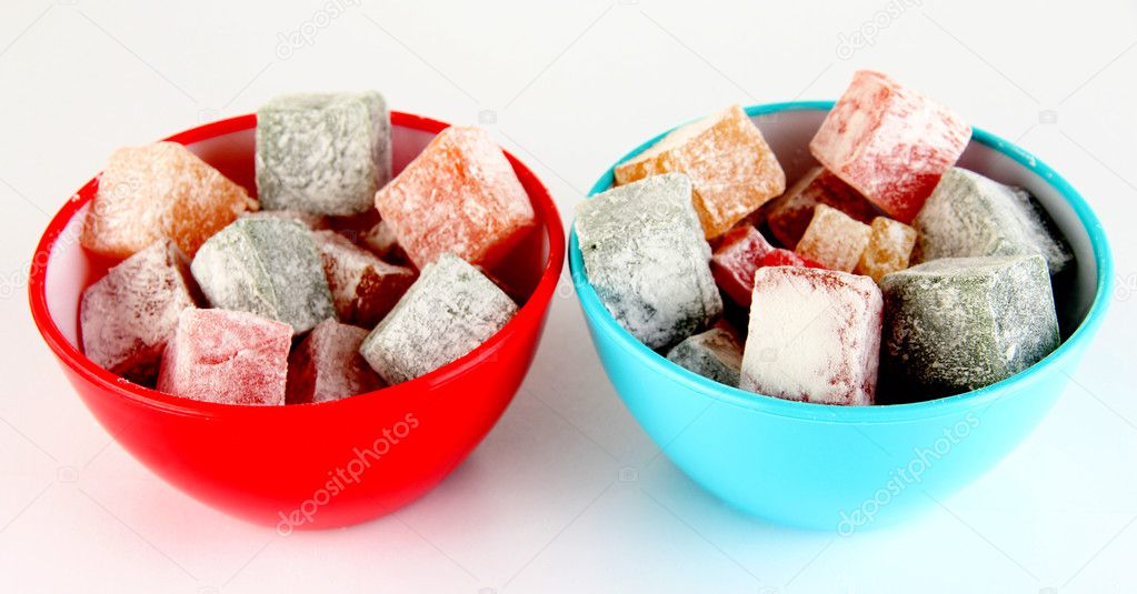 rahat lokum in bowls isolated on white