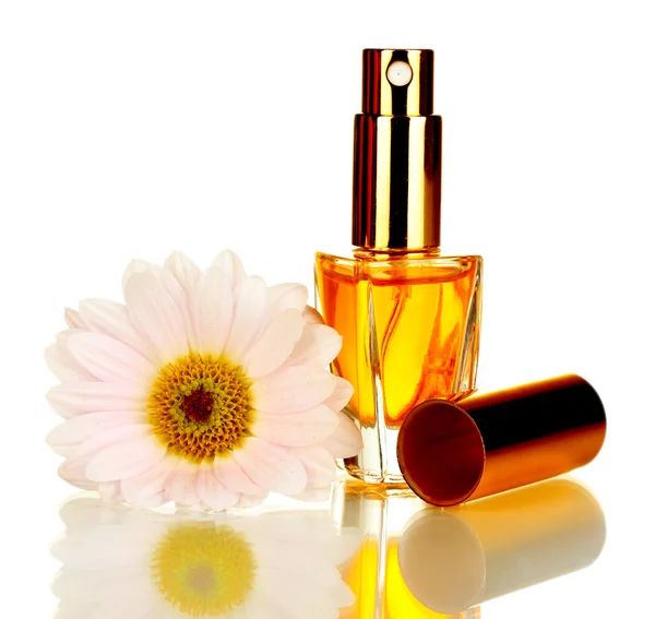 Women's perfume in beautiful bottle with flower isolated on white — Stock Photo, Image