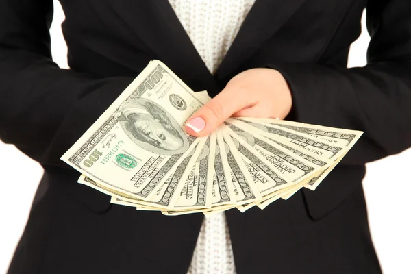 Nő meséli dollárt, közelről — Stock Fotó