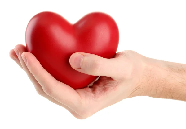 Coração vermelho na mão do homem, isolado no branco — Fotografia de Stock
