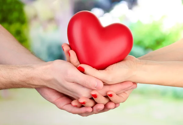 Corazón rojo en manos de hombre y mujer, sobre fondo verde —  Fotos de Stock