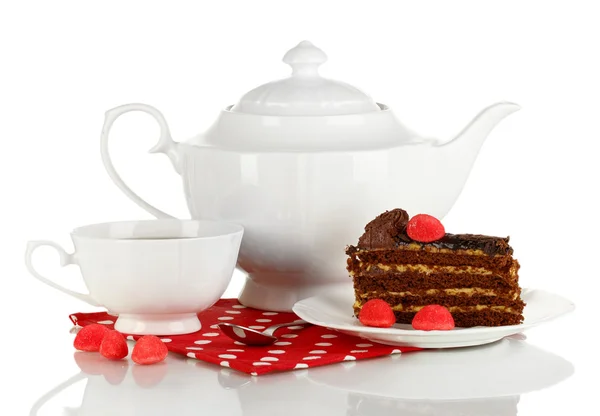 Teapot, cup of tea and delicious cake isolated on white — Stock Photo, Image