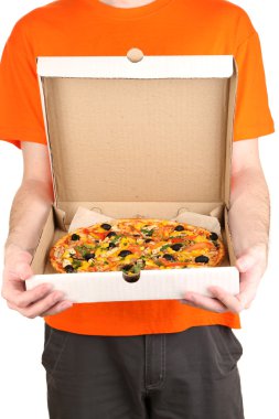 beyaz izole pizza dağıtım kurye