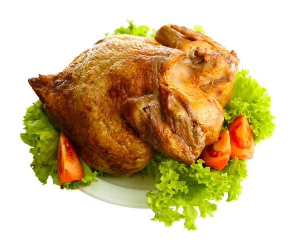 Tasty whole roasted chicken on plate with vegetables, isolated on white — Stock Photo, Image